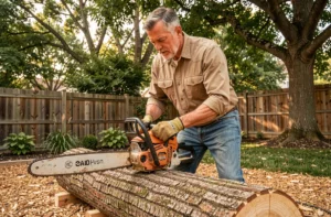 Homme utilisant une tronçonneuse sans fil Black+Decker GKC3630L25-QW pour couper un tronc d'arbre dans un jardin résidentiel