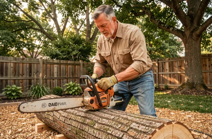 Homme utilisant une tronçonneuse sans fil Black+Decker GKC3630L25-QW pour couper un tronc d'arbre dans un jardin résidentiel