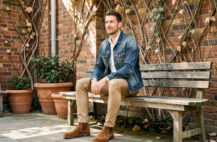 Homme assis en veste en jean selvedge indigo et boots Chelsea dans une cour urbaine, inspirations mode homme automne 2024