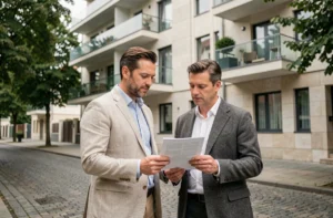 Couple professionnel consultant des documents immobiliers devant un immeuble moderne à Luxembourg-Ville