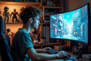 Jeune homme geek concentré sur son écran de jeu vidéo dans une salle de gaming décorée de figurines et de mangas