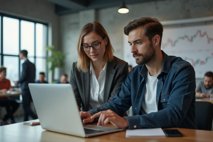 Deux jeunes investisseurs débutants analysant un portefeuille boursier sur un ordinateur portable dans un espace de coworking
