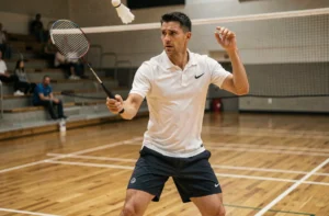 Joueur de badminton en plein smash sur un terrain intérieur en bois, illustrant la dynamique du jeu