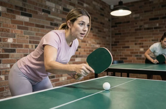 Joueuse de ping-pong en plein échange au-dessus d'une table verte dans une salle de loisirs moderne