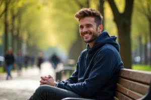 Jeune homme français décontracté assis dans un parc parisien, souriant naturellement, illustrant la vie amoureuse d'un artiste rap français
