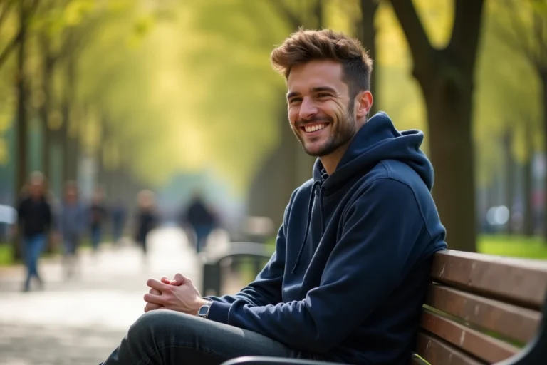 Jeune homme français décontracté assis dans un parc parisien, souriant naturellement, illustrant la vie amoureuse d'un artiste rap français