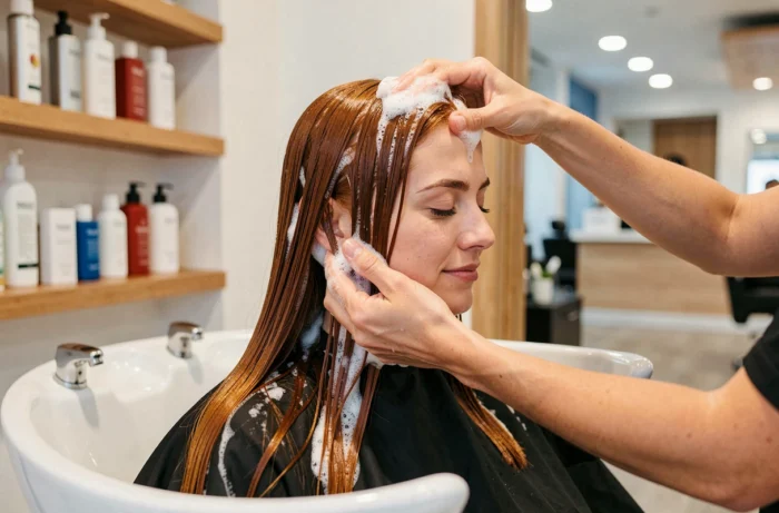 Femme aux cheveux lisses auburn se faisant laver les cheveux avec un shampoing adapté au lissage brésilien dans un salon coiffure moderne