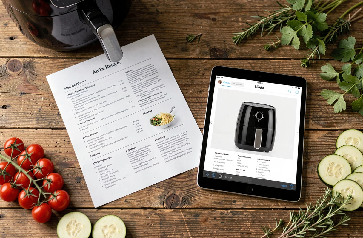 Livre de recettes Air Fryer Ninja en PDF affiché sur tablette avec des ingrédients frais sur une table en bois rustique