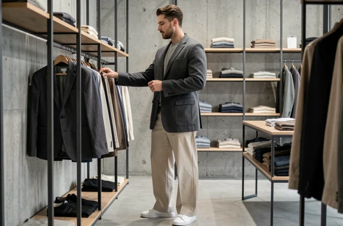 Homme tendance en blazer oversize gris et pantalon large dans un concept store minimaliste, mode masculine 2024