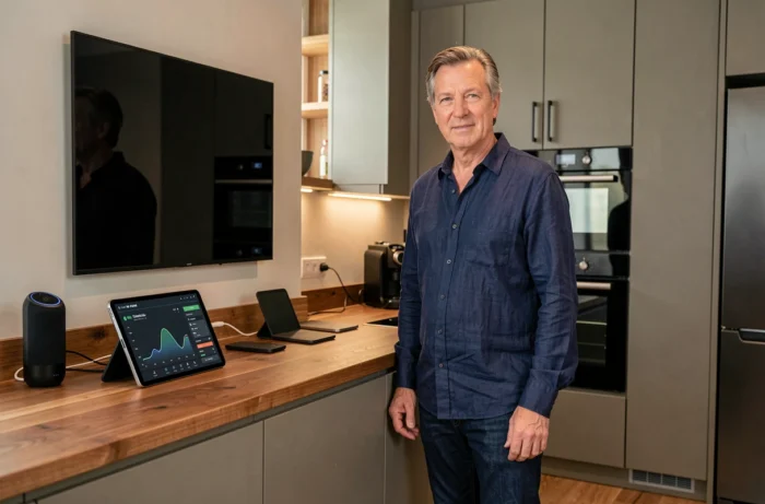 Homme interagissant avec des appareils connectés dans une cuisine intelligente, symbolisant la transformation technologique du foyer moderne