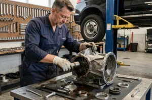 Mécanicien vidangeant la boîte de vitesses dans un atelier automobile professionnel