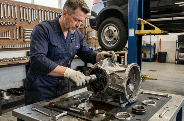 Mécanicien vidangeant la boîte de vitesses dans un atelier automobile professionnel