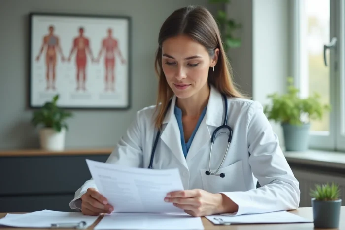Médecin femme consultant des documents médicaux dans un cabinet moderne, illustration des maladies et de leurs diagnostics