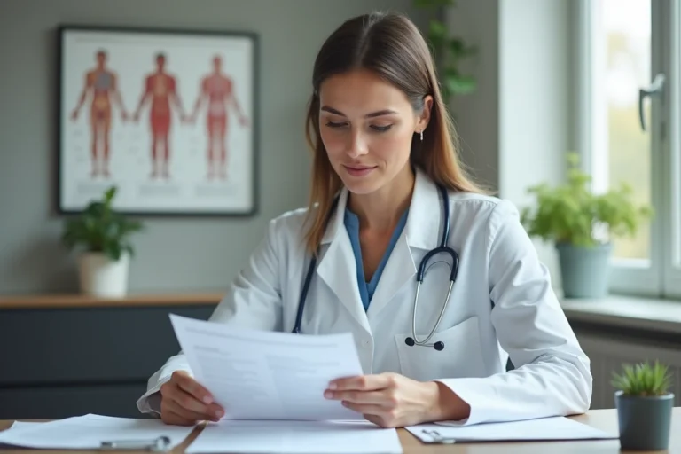 Médecin femme consultant des documents médicaux dans un cabinet moderne, illustration des maladies et de leurs diagnostics