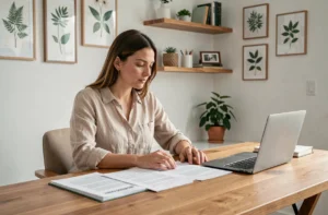 Femme consultant des documents juridiques pour son site de décoration en ligne dans un bureau à domicile élégant