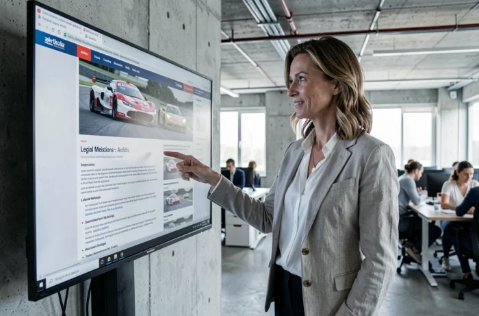 Professionnelle pointant les mentions légales d'un site de sports mécaniques sur écran
