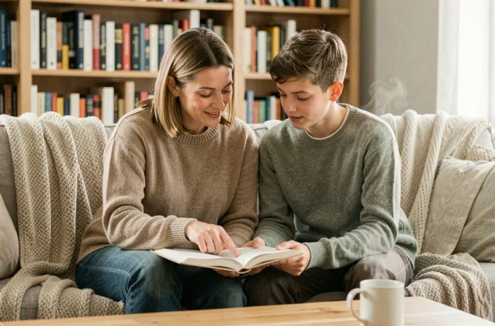 Mère et fils adolescent partageant un moment de lecture complice sur un canapé du salon