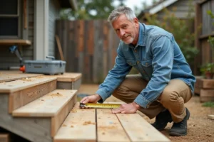 Entrepreneur mesurant la longueur d'une rampe en bois à l'extérieur avec un mètre ruban, calcul de pente en degrés
