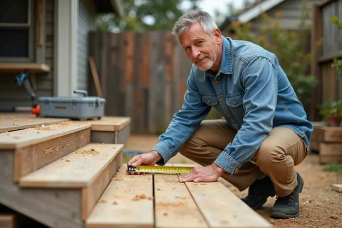 Entrepreneur mesurant la longueur d'une rampe en bois à l'extérieur avec un mètre ruban, calcul de pente en degrés