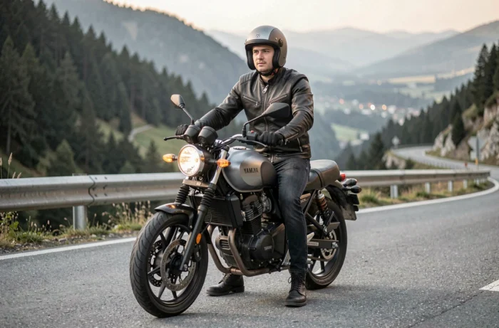 Jeune motard en veste en cuir vintage assis sur une Yamaha XSR 155 sur une route de montagne sinueuse