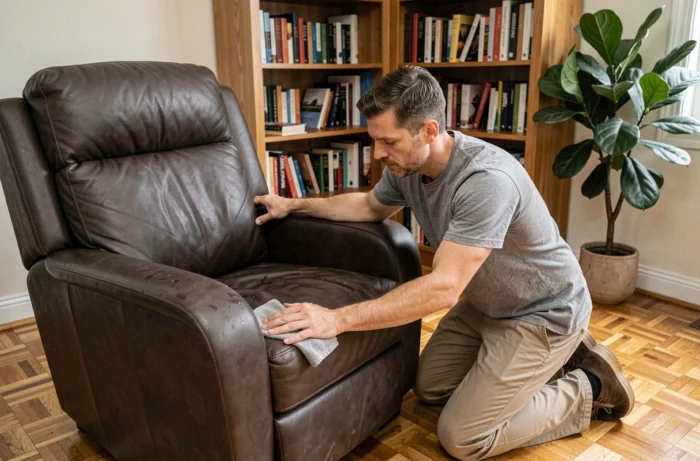 Homme nettoyant les accoudoirs d'un fauteuil Stressless marron chocolat avec un chiffon microfibre