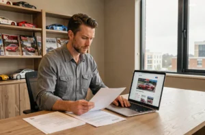 Homme consultant des documents légaux pour un site web dédié aux sports mécaniques