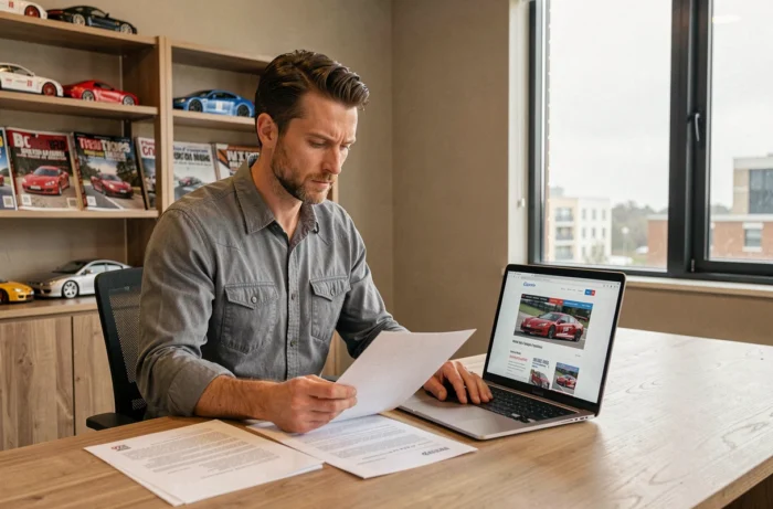 Homme consultant des documents légaux pour un site web dédié aux sports mécaniques