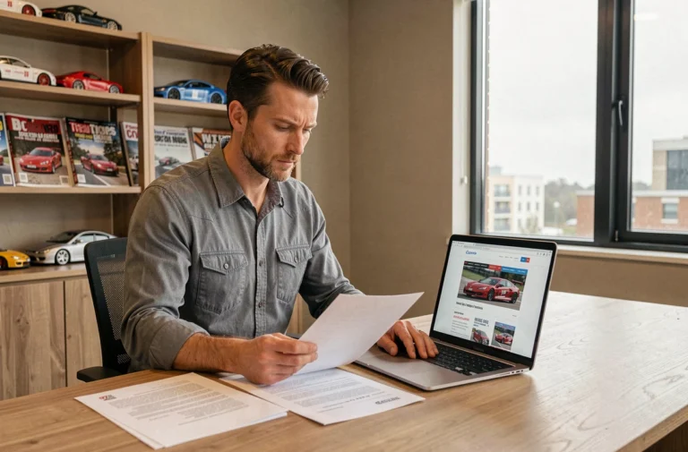 Homme consultant des documents légaux pour un site web dédié aux sports mécaniques