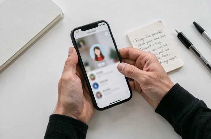 Mains tenant un smartphone avec un écran de paramètres de confidentialité Instagram et des notes sur la protection de la vie privée
