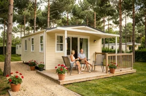 Couple propriétaire assis sur la terrasse de leur mobil-home sur une parcelle boisée en Vendée