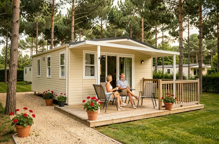 Couple propriétaire assis sur la terrasse de leur mobil-home sur une parcelle boisée en Vendée