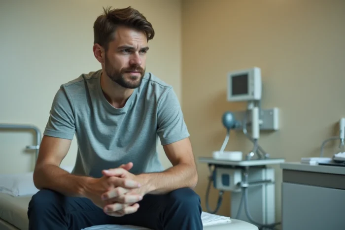 Patient homme assis dans une salle d'examen médicale, illustrant les symptômes et causes des principales maladies