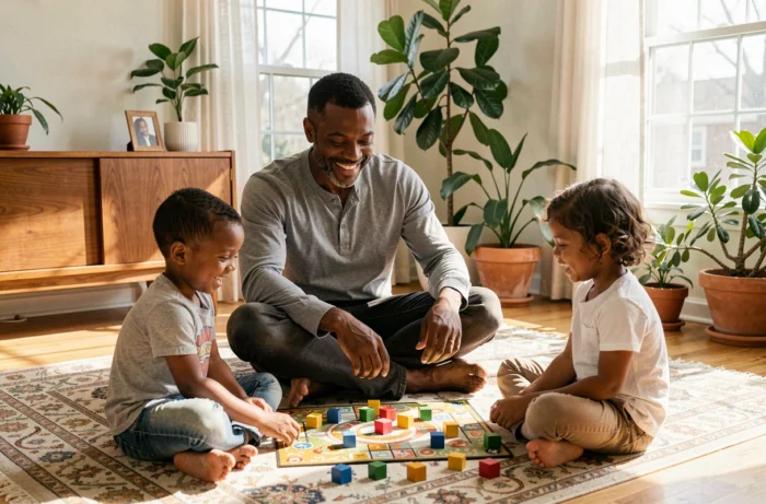 Père et enfants jouant à un jeu de société sur un tapis dans un salon lumineux et convivial