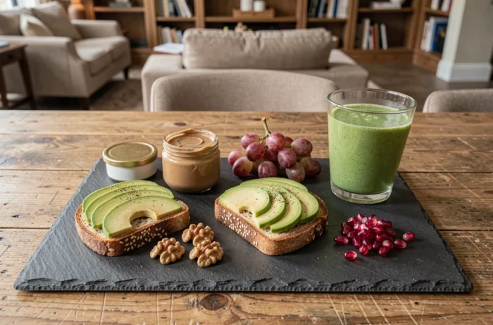 Plateau petit-déjeuner vegan élaboré avec avocat, fruits et smoothie vert, évoquant la routine bien-être d'une célébrité