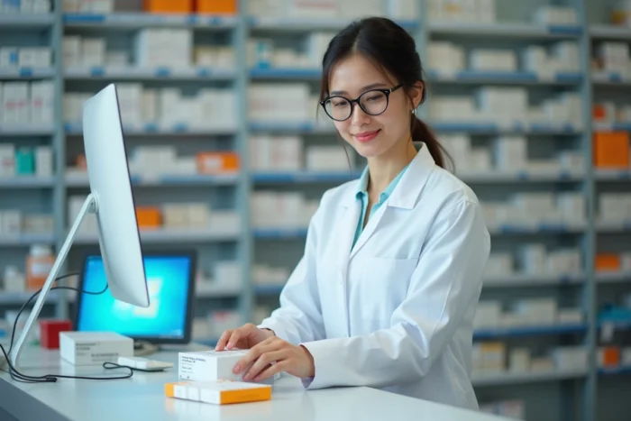 Pharmacienne organisant des médicaments derrière son comptoir, illustration des solutions et traitements contre les maladies courantes
