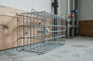 Piège à cage métallique pour fouine posé contre une plinthe en bois dans une buanderie