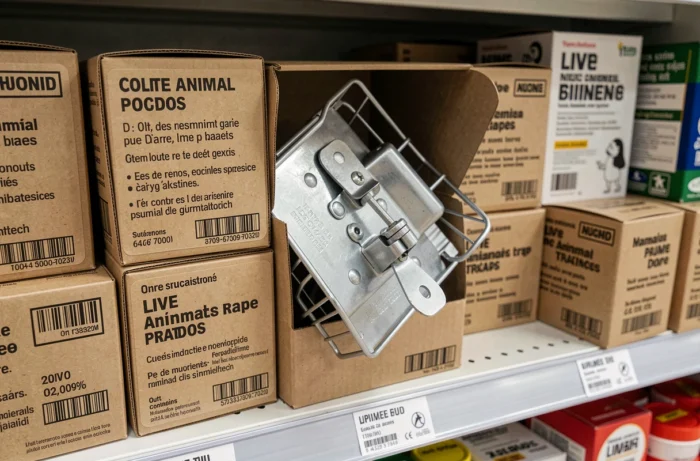 Piège à fouine en vente en magasin de bricolage avec produits antiparasitaires en rayon