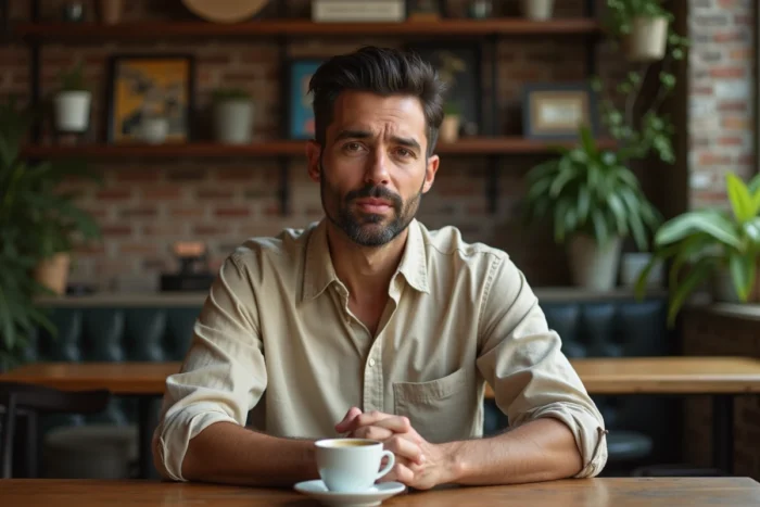 Portrait introspectif d'un homme dans un café californien vintage aux murs en briques et décoration cinématographique des années 80
