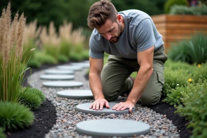 Homme posant des pierres de pas japonais sur un chemin de gravier dans un jardin contemporain avec bordures de plantes ornementales