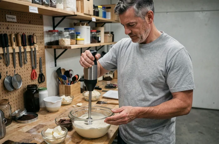 Homme préparant une base de savon artisanal au beurre de karité avec un mixeur plongeant dans un atelier fait maison organisé