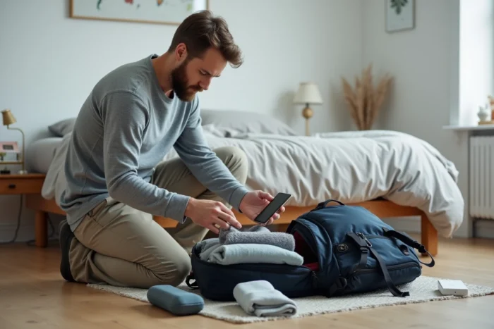 Homme préparant son sac à dos de voyage dans une chambre minimaliste scandinave