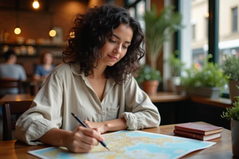 Femme préparant son voyage dans un café parisien avec des cartes et un carnet de voyage en cuir