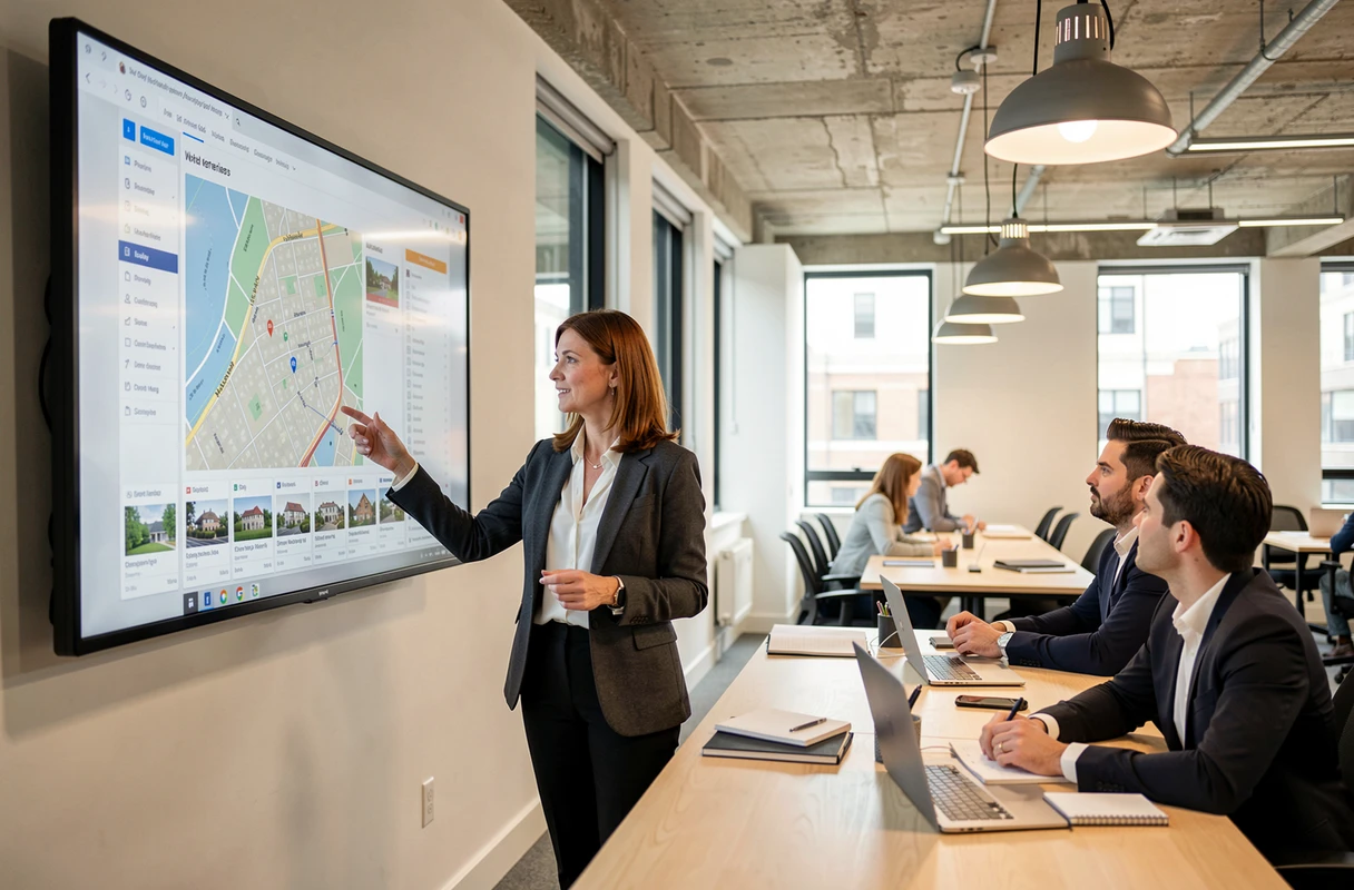 Professionnelle de l'immobilier présentant un tableau de bord open source à son équipe en espace de coworking