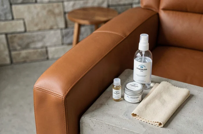 Produits d'entretien pour fauteuil cuir Stressless caramel disposés sur une surface en béton gris clair
