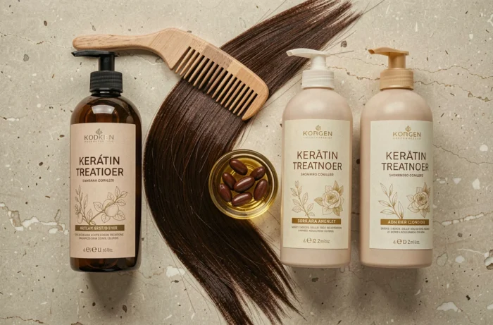 Flatlay de shampoings et soins pour cheveux lissés au kératine sur un comptoir en pierre, avec peigne en bois et huile d'argan