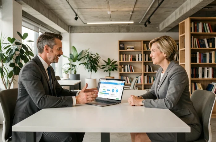 Deux professionnels en entreprise discutant d'une comparaison de services de management B2B devant un tableau de bord numérique dans un bureau moderne en open space