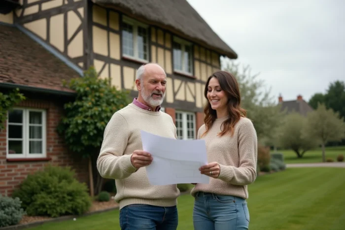 Couple consultant des plans devant une maison normande à colombages entourée de pommiers en fleurs