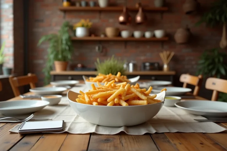 Bol de frites dorées croustillantes au centre d'une table familiale en bois avec assiettes et sauces, idéal pour calculer la quantité de frites par personne