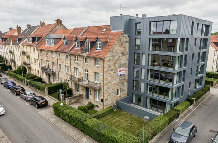Quartier résidentiel luxembourgeois avec maisons traditionnelles et immeuble moderne à vendre