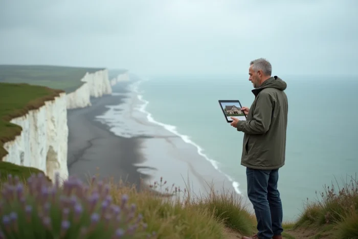 Homme consultant une annonce immobilière sur tablette depuis les falaises de craie de la côte normande